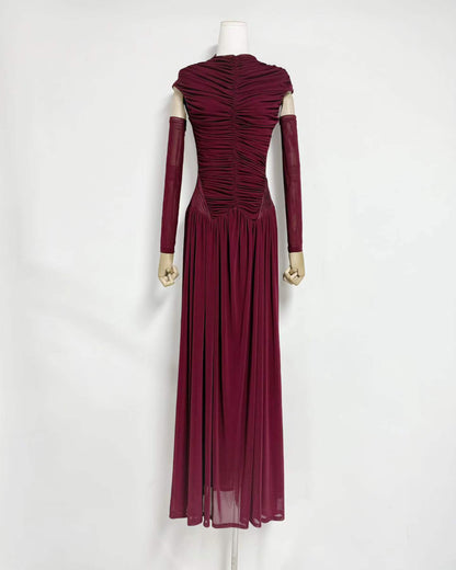 Winered Stand Collar Ruched Maxi Dress