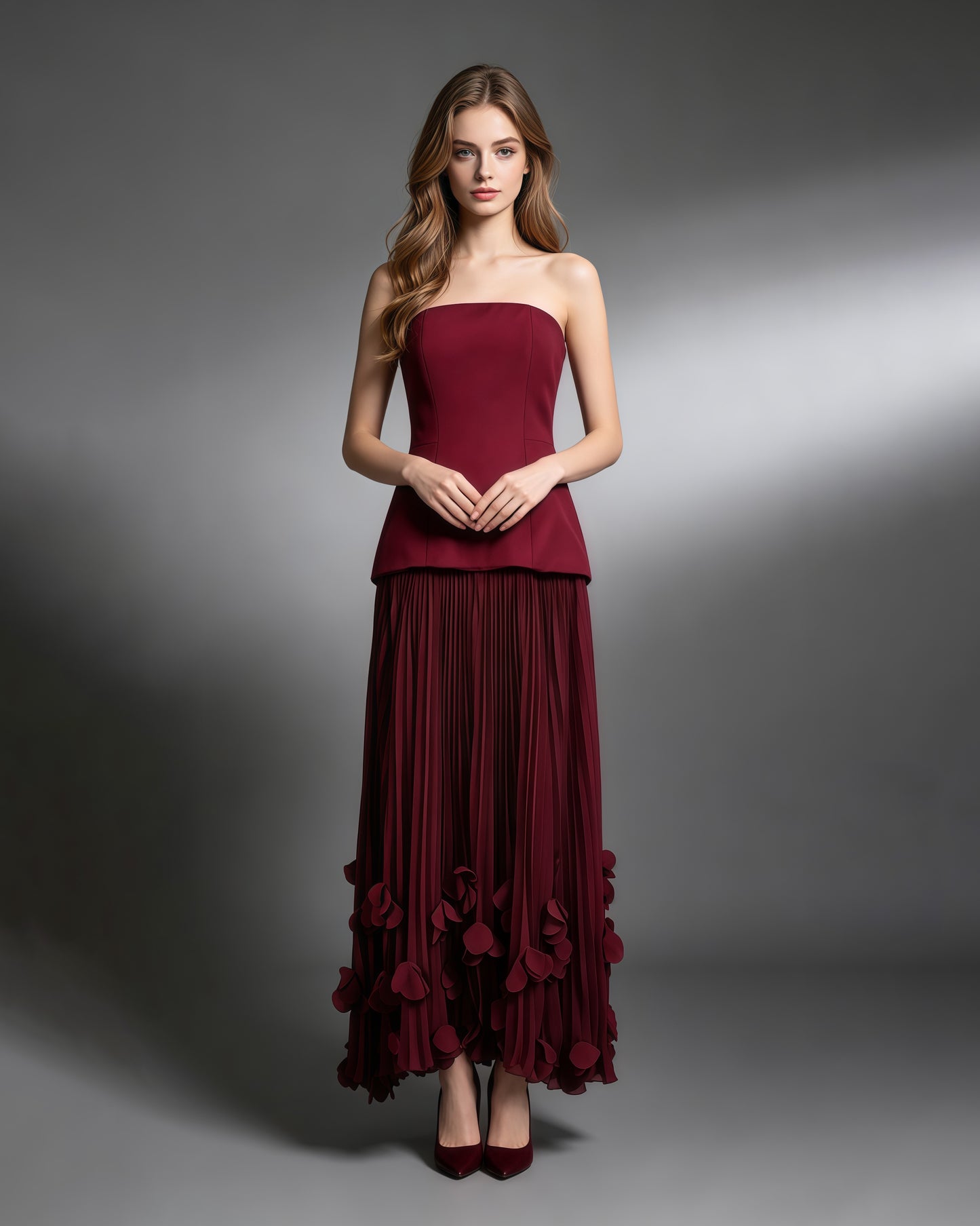 Winered Strapless Pleated 3D Floral Hem Midi Dress