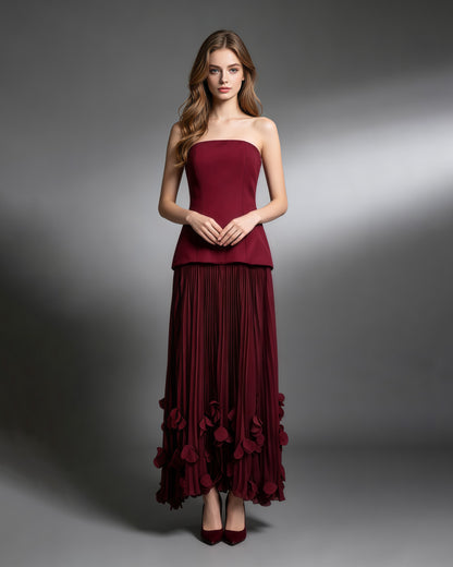 Winered Strapless Pleated 3D Floral Hem Midi Dress