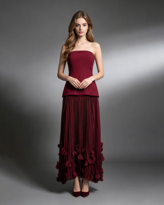 Winered Strapless Pleated 3D Floral Hem Midi Dress