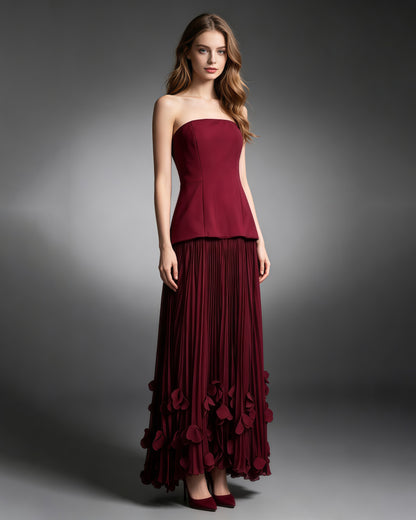 Winered Strapless Pleated 3D Floral Hem Midi Dress