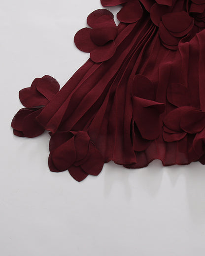 Winered Strapless Pleated 3D Floral Hem Midi Dress