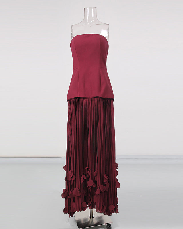 Winered Strapless Pleated 3D Floral Hem Midi Dress
