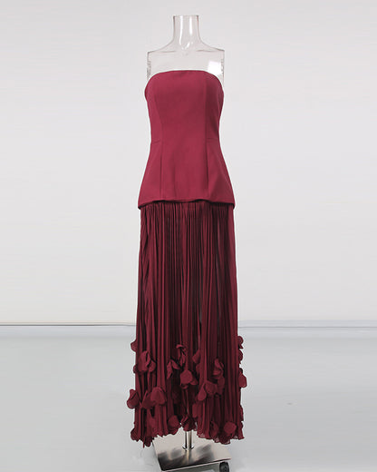 Winered Strapless Pleated 3D Floral Hem Midi Dress