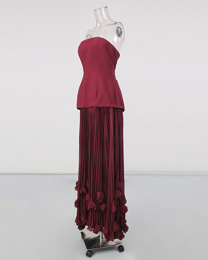 Winered Strapless Pleated 3D Floral Hem Midi Dress