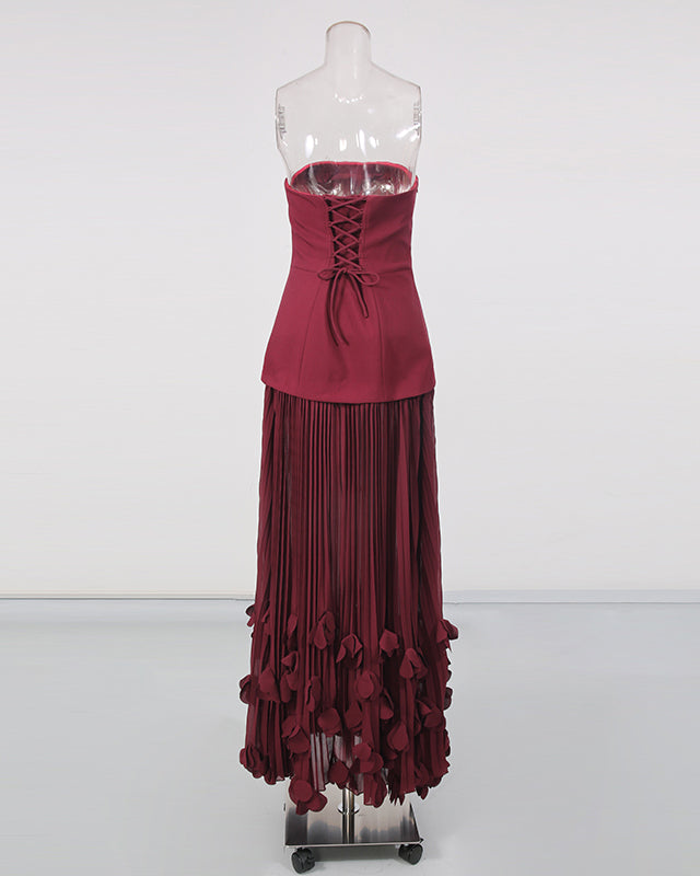 Winered Strapless Pleated 3D Floral Hem Midi Dress