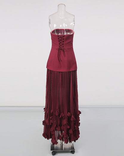 Winered Strapless Pleated 3D Floral Hem Midi Dress