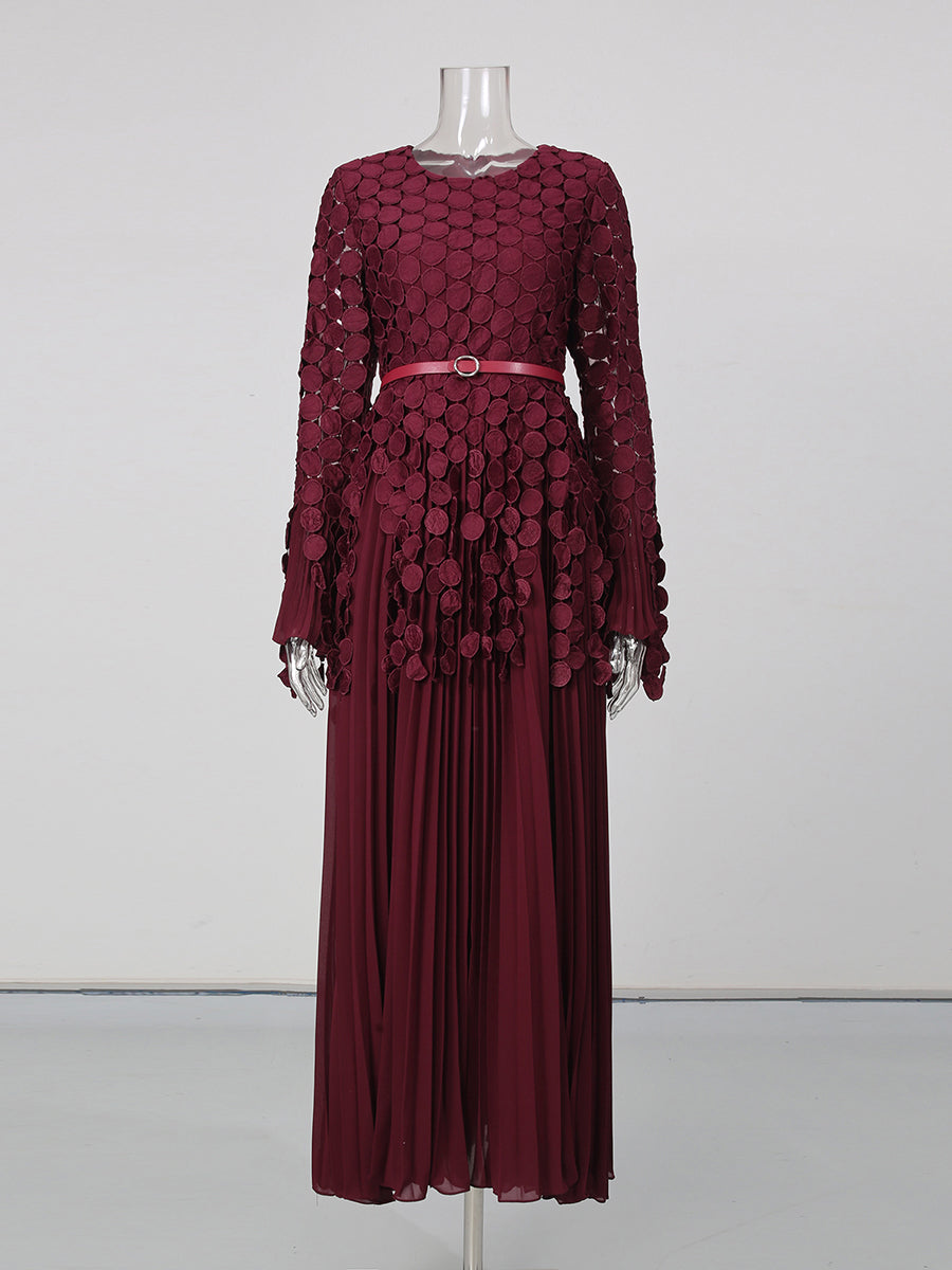 Winered Tunic Long Sleeve Pleated Maxi Evening Dress