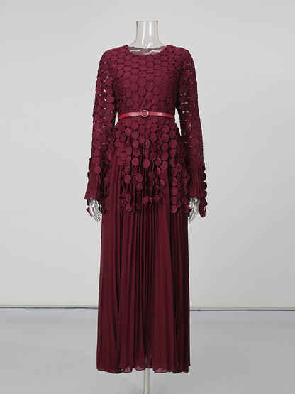 Winered Tunic Long Sleeve Pleated Maxi Evening Dress