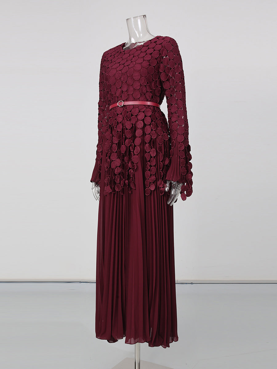 Winered Tunic Long Sleeve Pleated Maxi Evening Dress