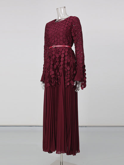 Winered Tunic Long Sleeve Pleated Maxi Evening Dress