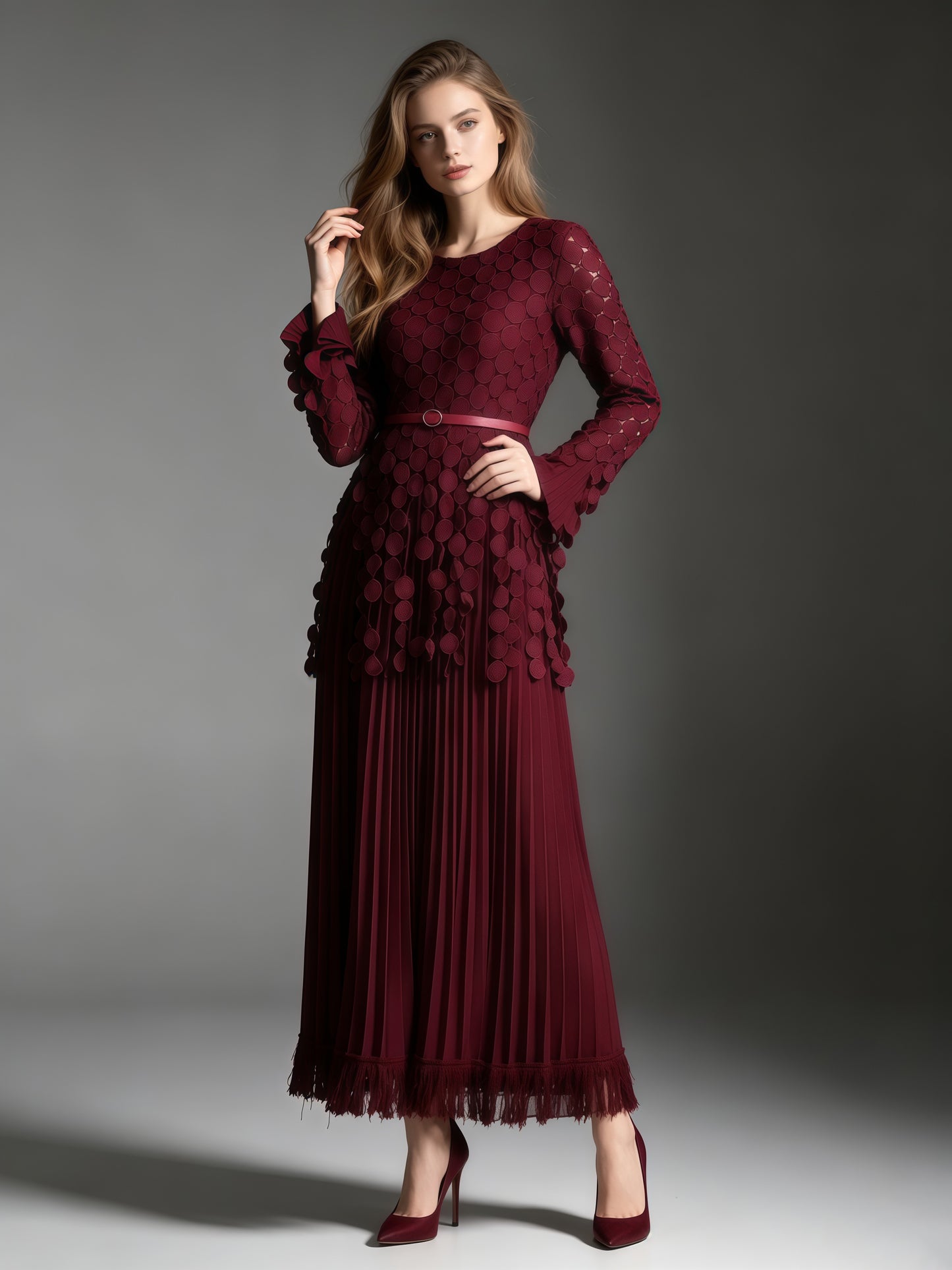 Winered Tunic Long Sleeve Pleated Maxi Evening Dress