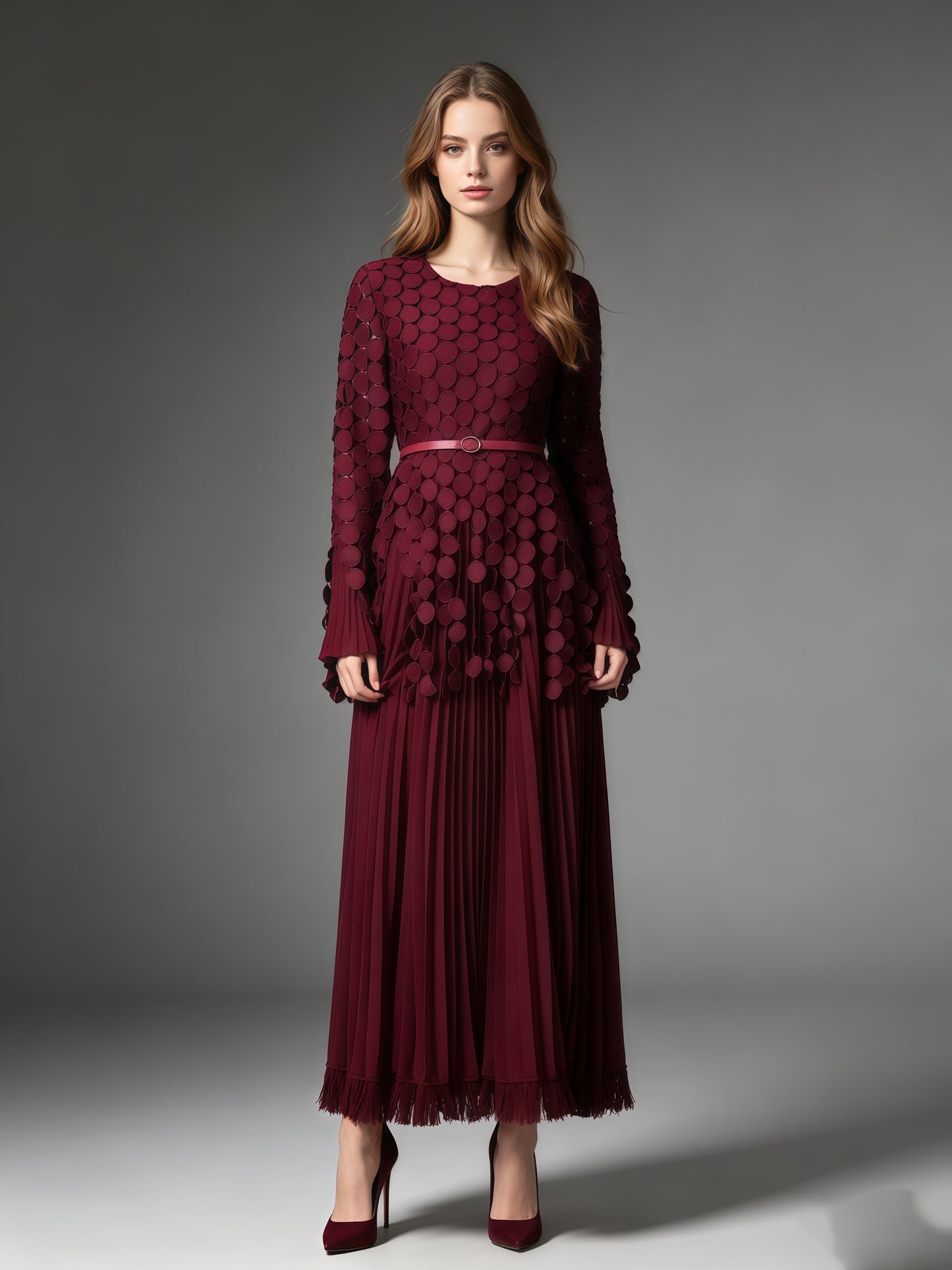Winered Tunic Long Sleeve Pleated Maxi Evening Dress