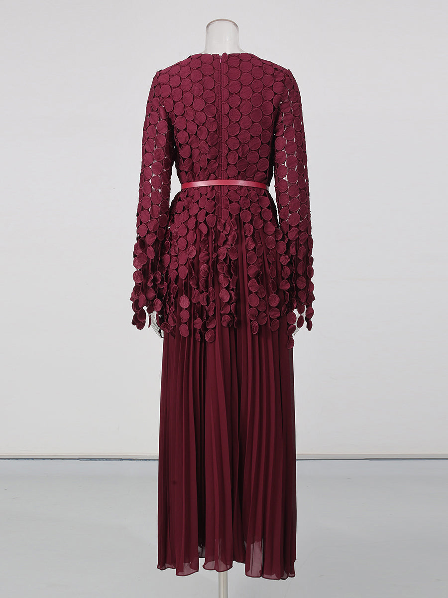 Winered Tunic Long Sleeve Pleated Maxi Evening Dress