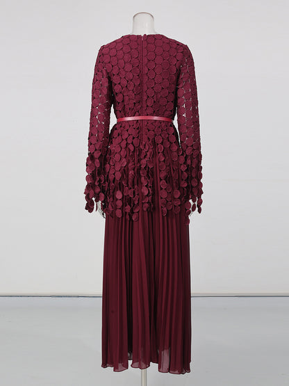 Winered Tunic Long Sleeve Pleated Maxi Evening Dress