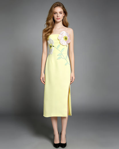 Yellow 3D Floral Applique Strapless Midi Dress