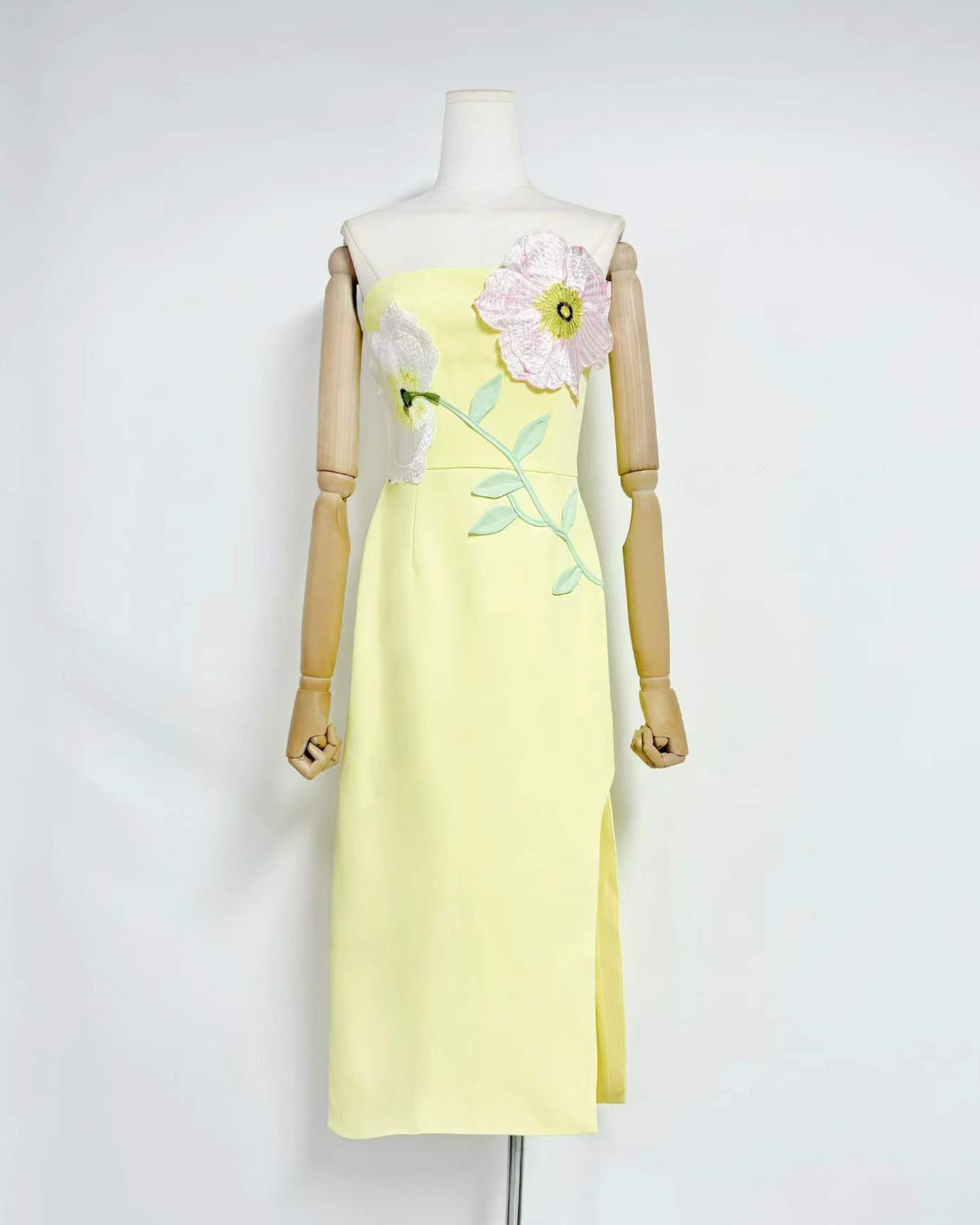 Yellow 3D Floral Applique Strapless Midi Dress