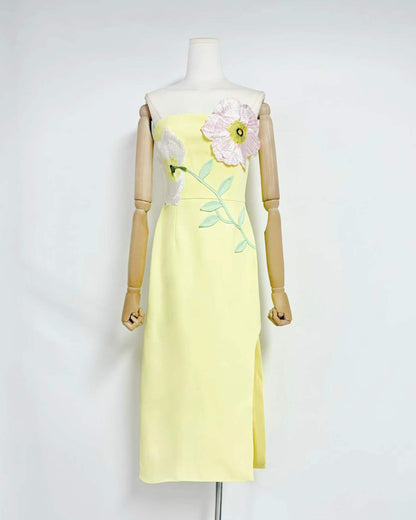 Yellow 3D Floral Applique Strapless Midi Dress