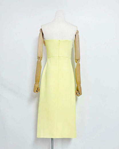 Yellow 3D Floral Applique Strapless Midi Dress