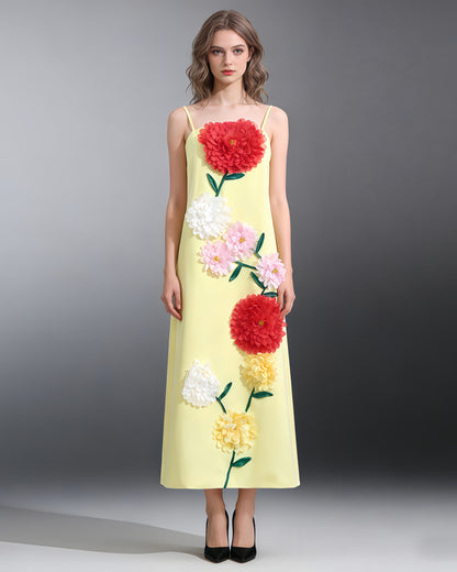 Yellow 3D Floral Spaghetti Strap Maxi Dress