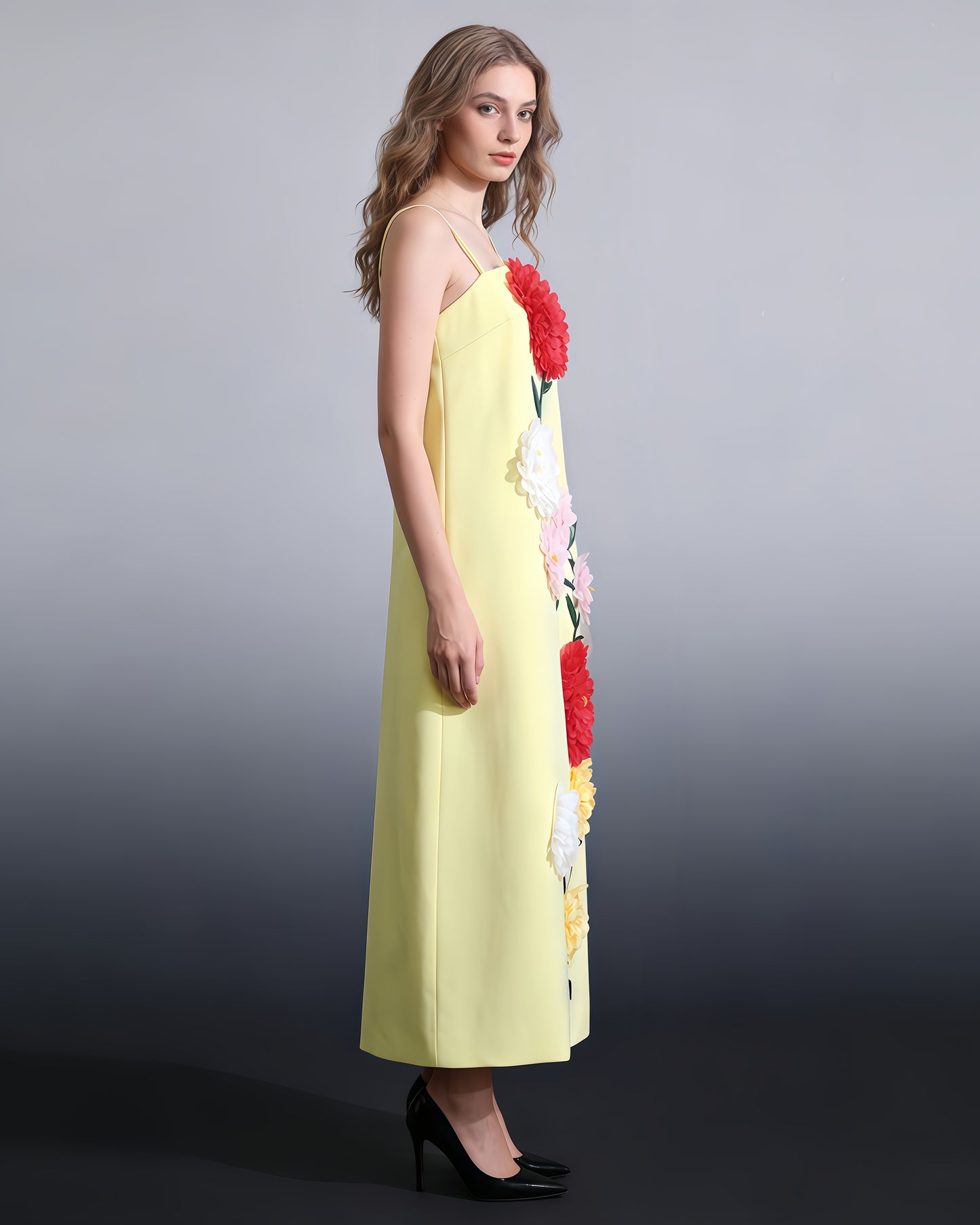 Yellow 3D Floral Spaghetti Strap Maxi Dress