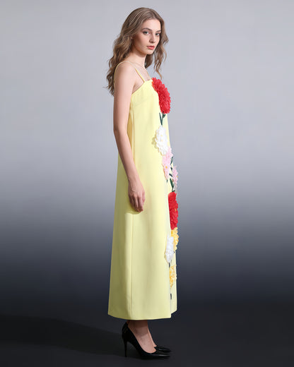 Yellow 3D Floral Spaghetti Strap Maxi Dress