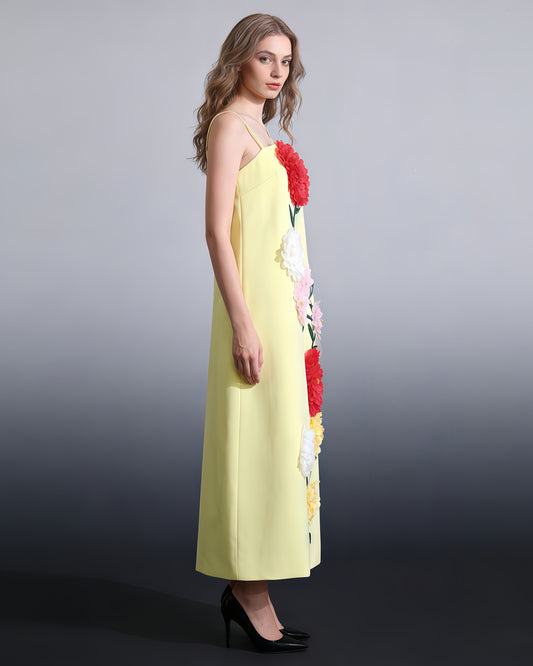 Yellow 3D Floral Spaghetti Strap Maxi Dress