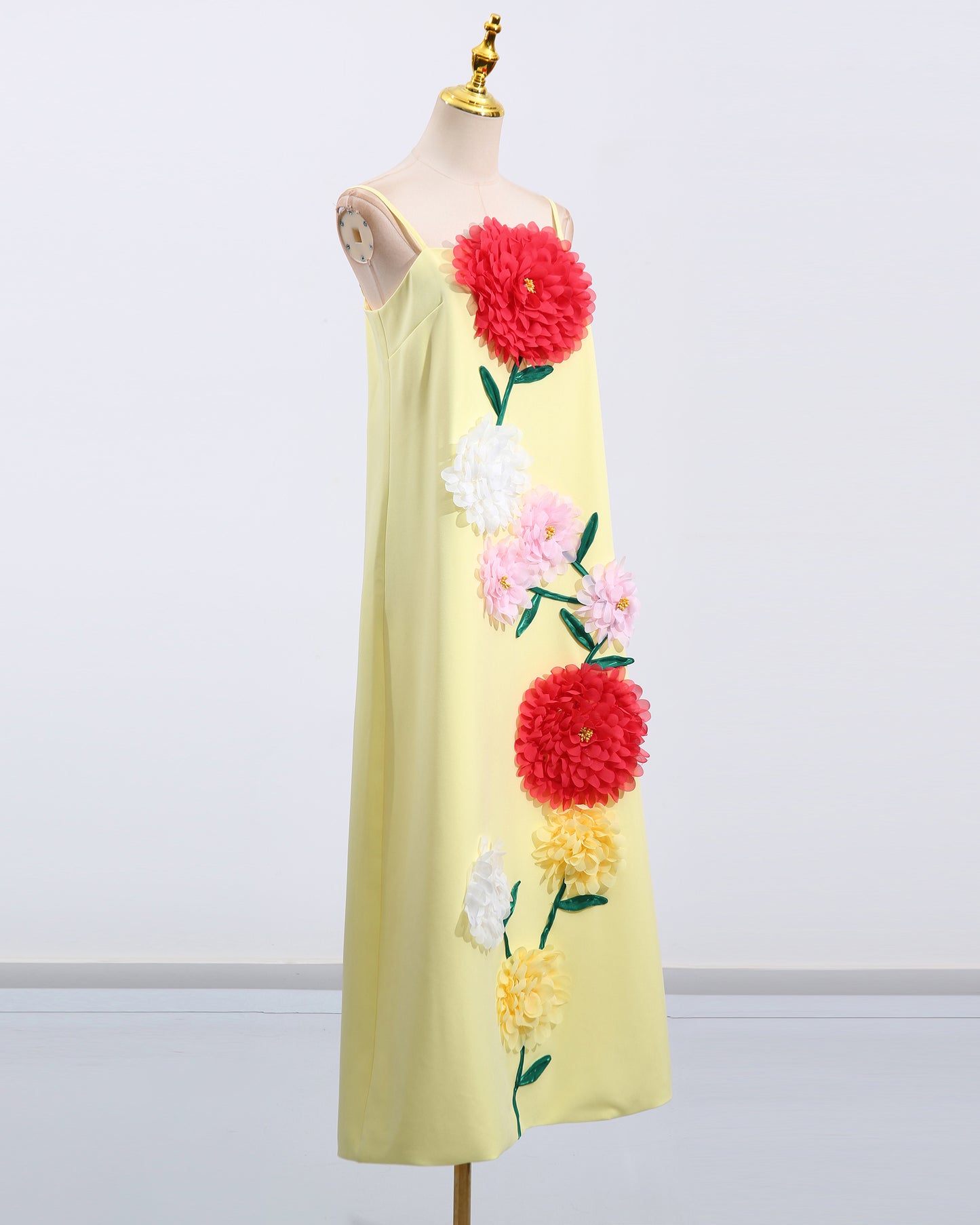 Yellow 3D Floral Spaghetti Strap Maxi Dress