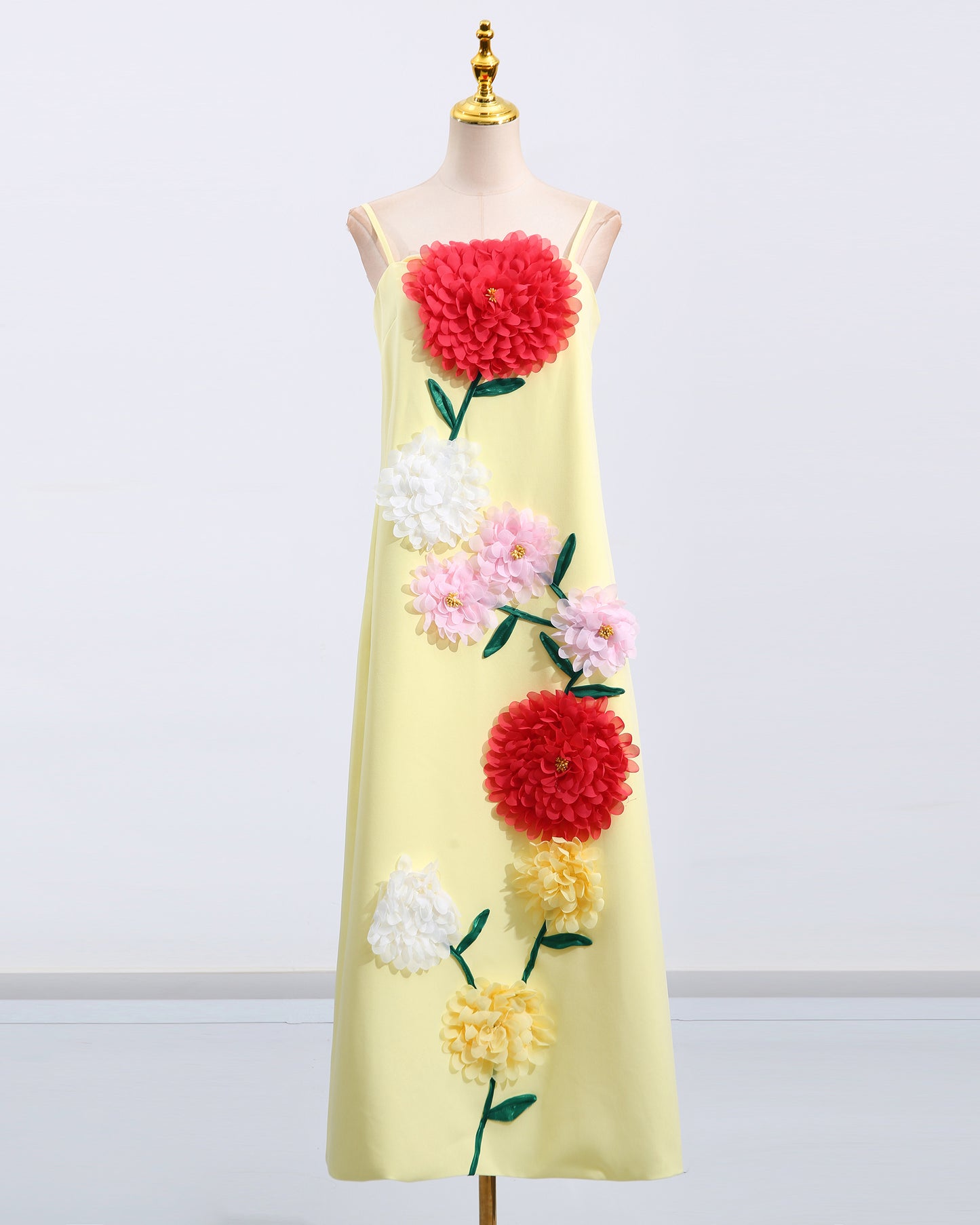 Yellow 3D Floral Spaghetti Strap Maxi Dress