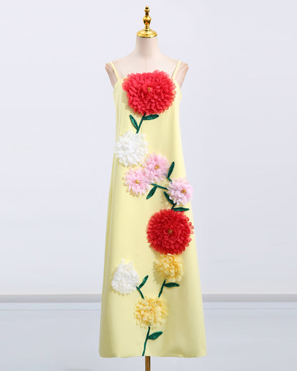 Yellow 3D Floral Spaghetti Strap Maxi Dress