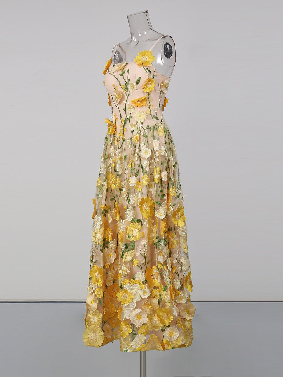 Yellow Appliques Spaghetti Strap Midi Dress