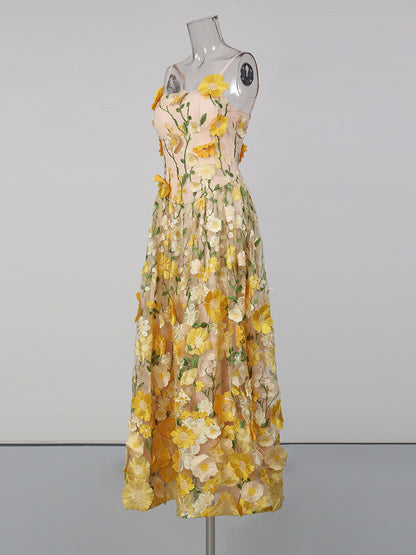 Yellow Appliques Spaghetti Strap Midi Dress