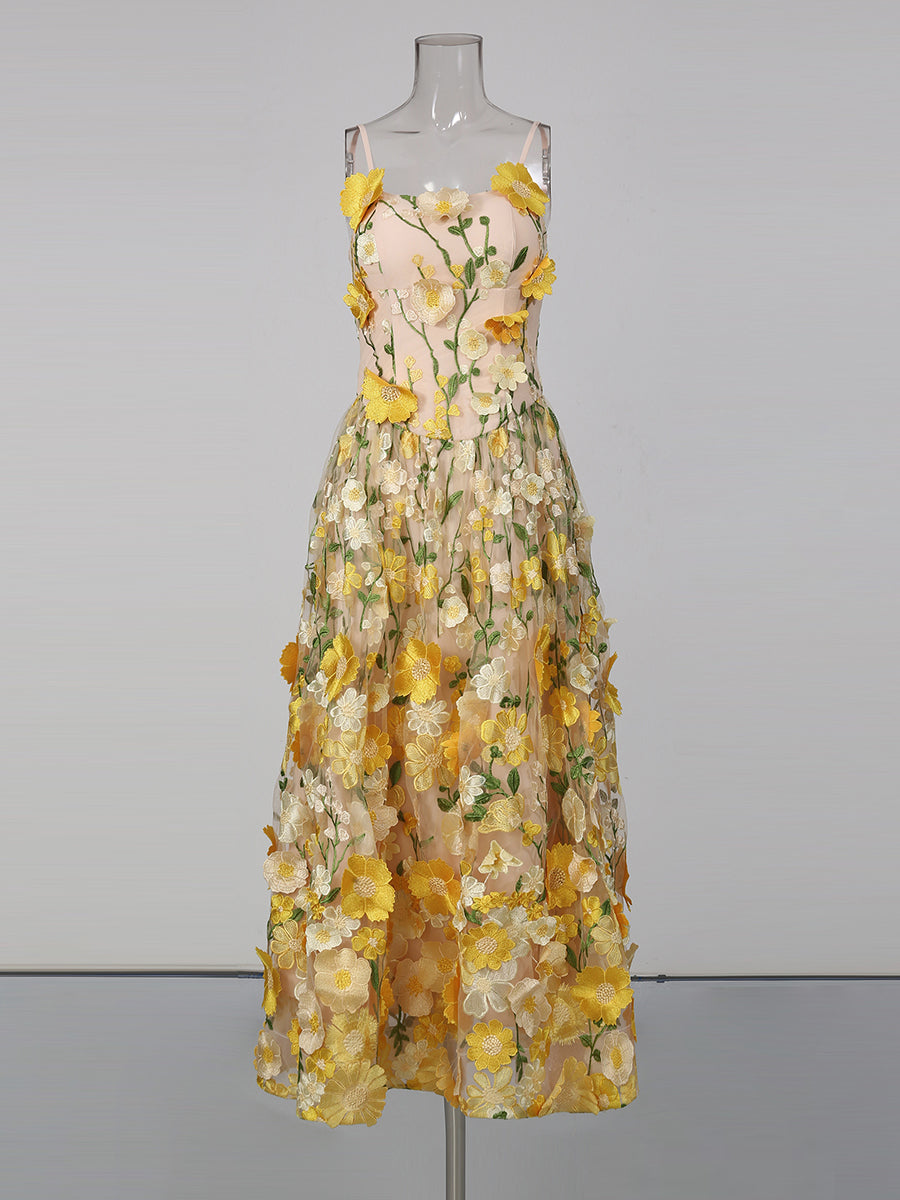 Yellow Appliques Spaghetti Strap Midi Dress