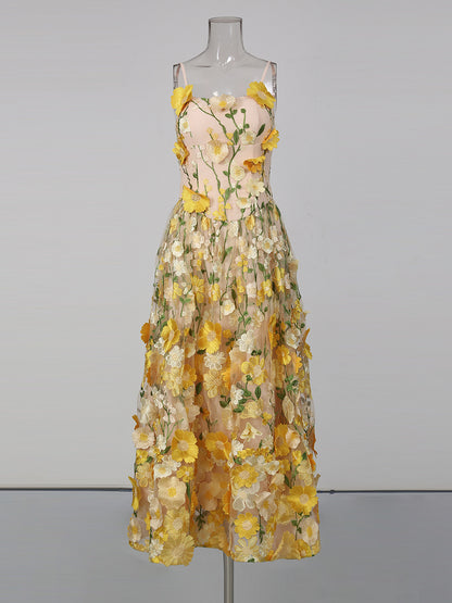 Yellow Appliques Spaghetti Strap Midi Dress