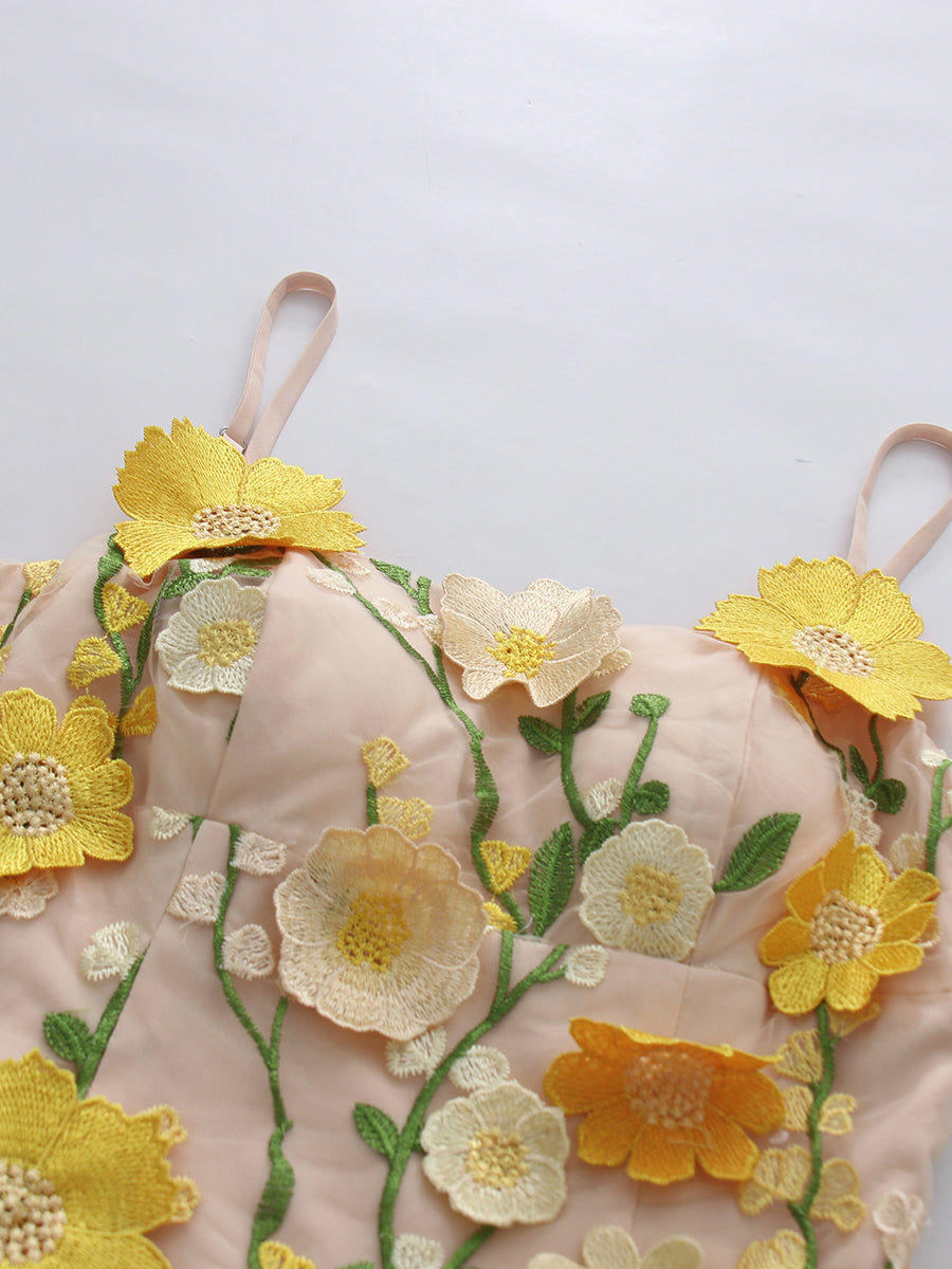 Yellow Appliques Spaghetti Strap Midi Dress