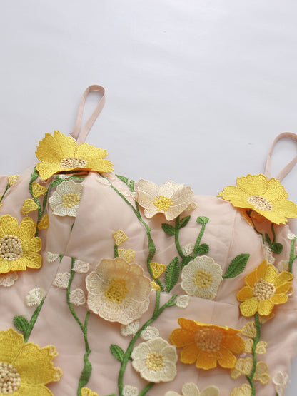 Yellow Appliques Spaghetti Strap Midi Dress