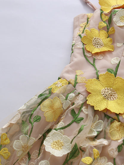 Yellow Appliques Spaghetti Strap Midi Dress