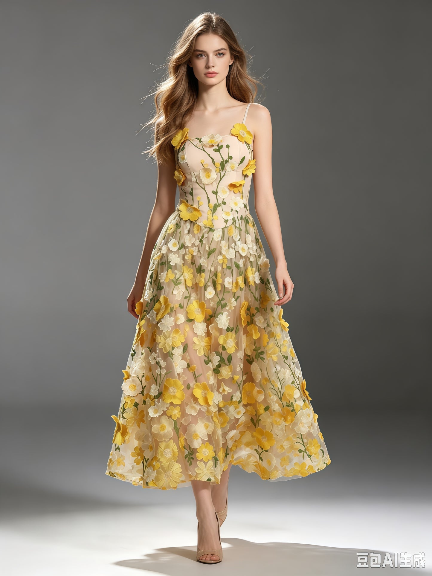 Yellow Appliques Spaghetti Strap Midi Dress