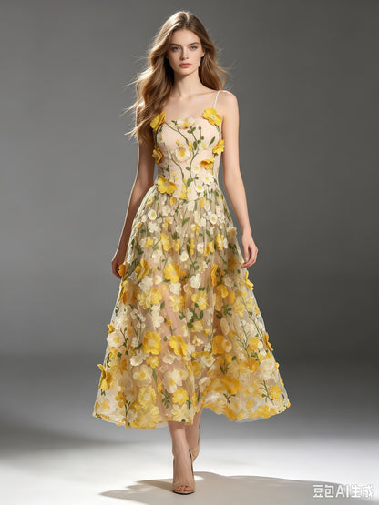 Yellow Appliques Spaghetti Strap Midi Dress