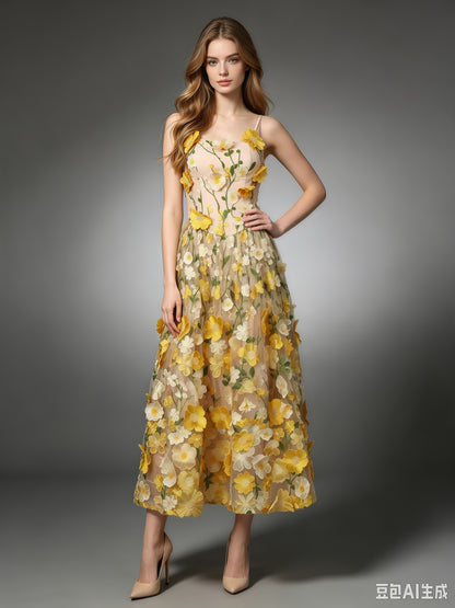 Yellow Appliques Spaghetti Strap Midi Dress
