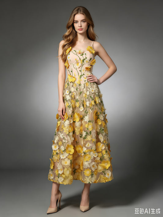 Yellow Appliques Spaghetti Strap Midi Dress