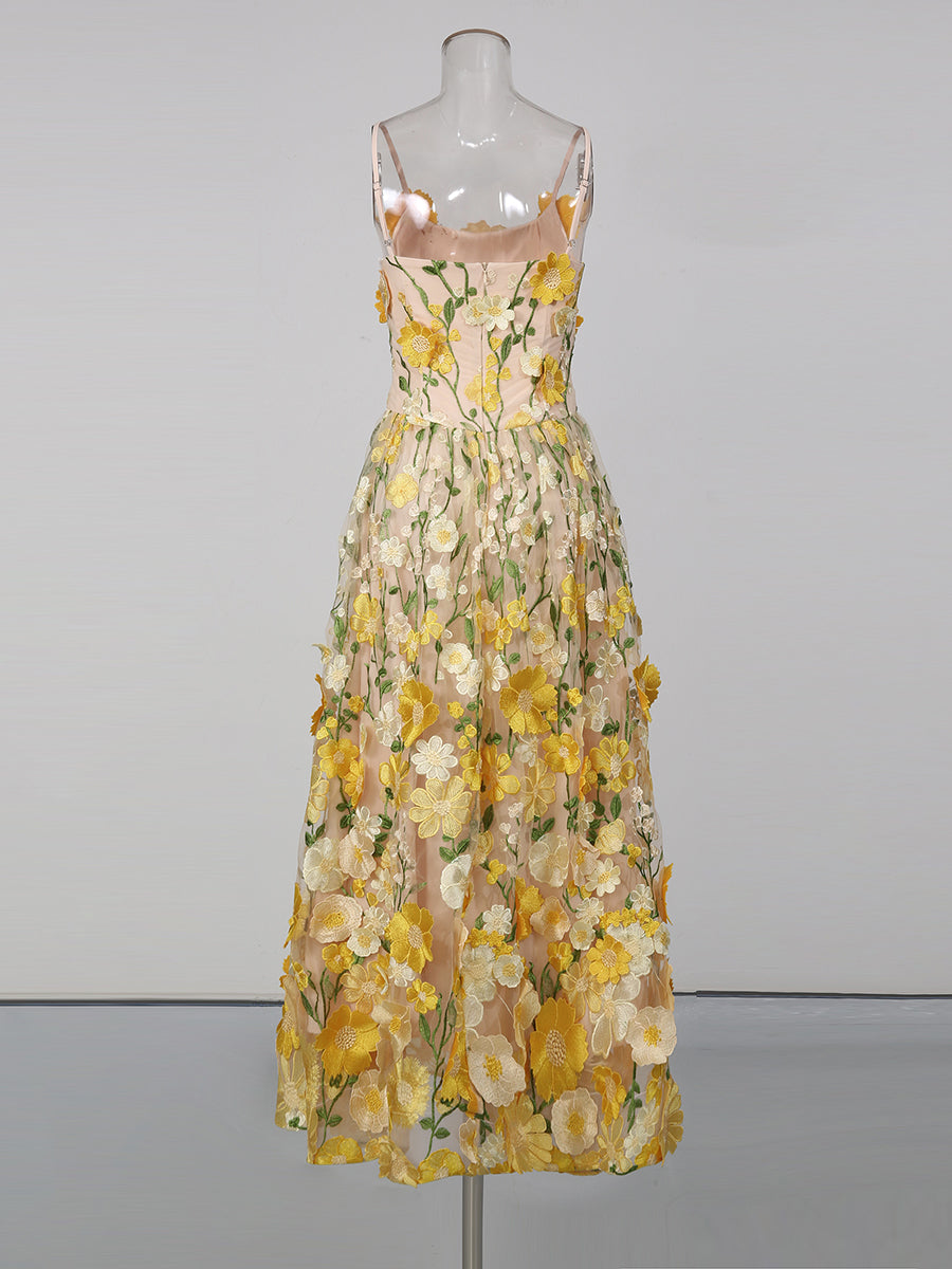 Yellow Appliques Spaghetti Strap Midi Dress