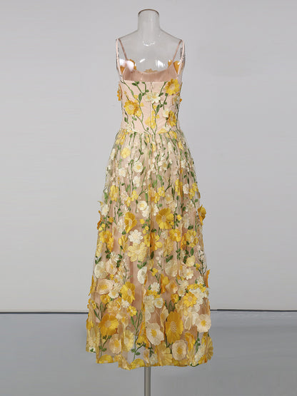 Yellow Appliques Spaghetti Strap Midi Dress