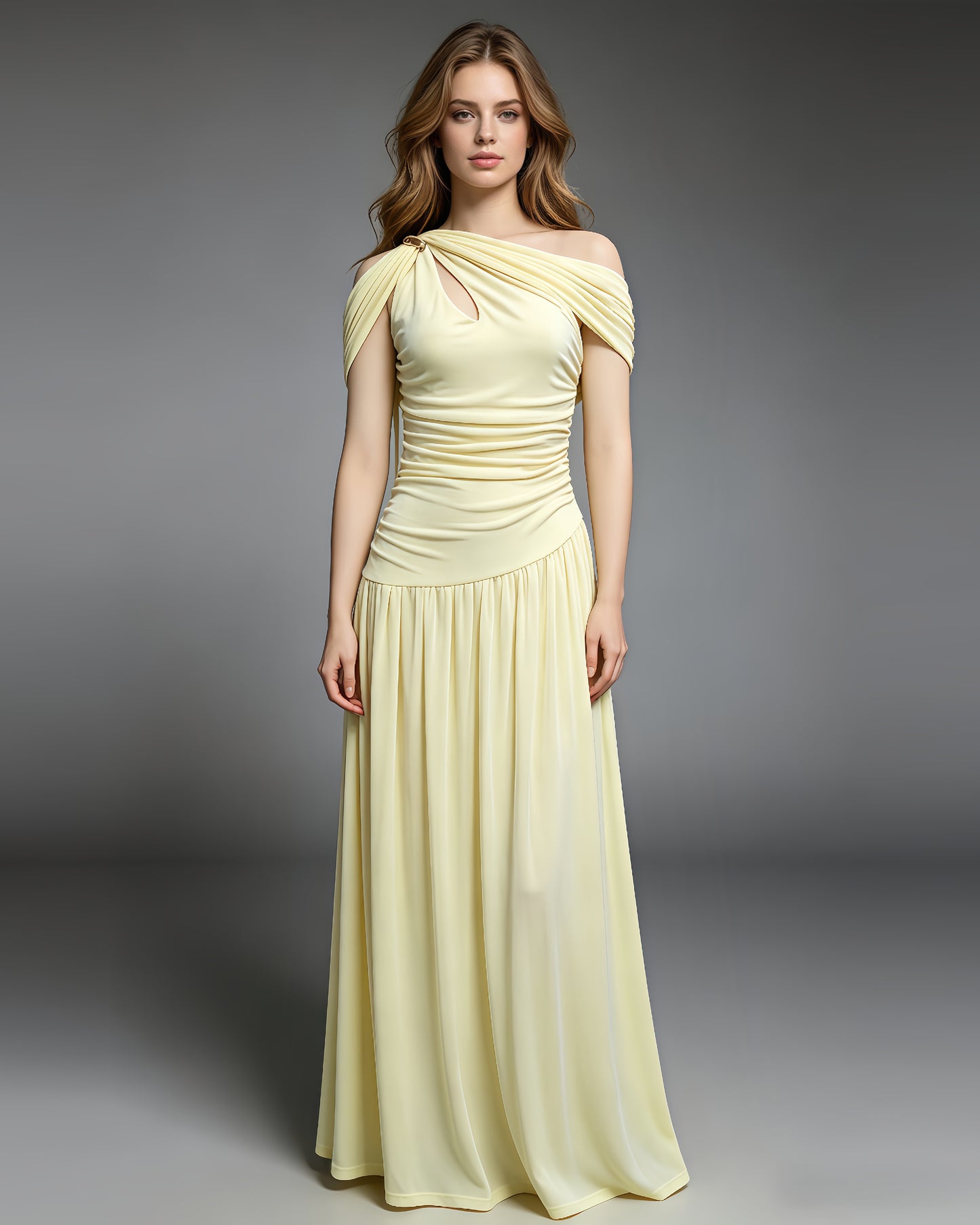 Yellow Asymmetric Draped Maxi Dress