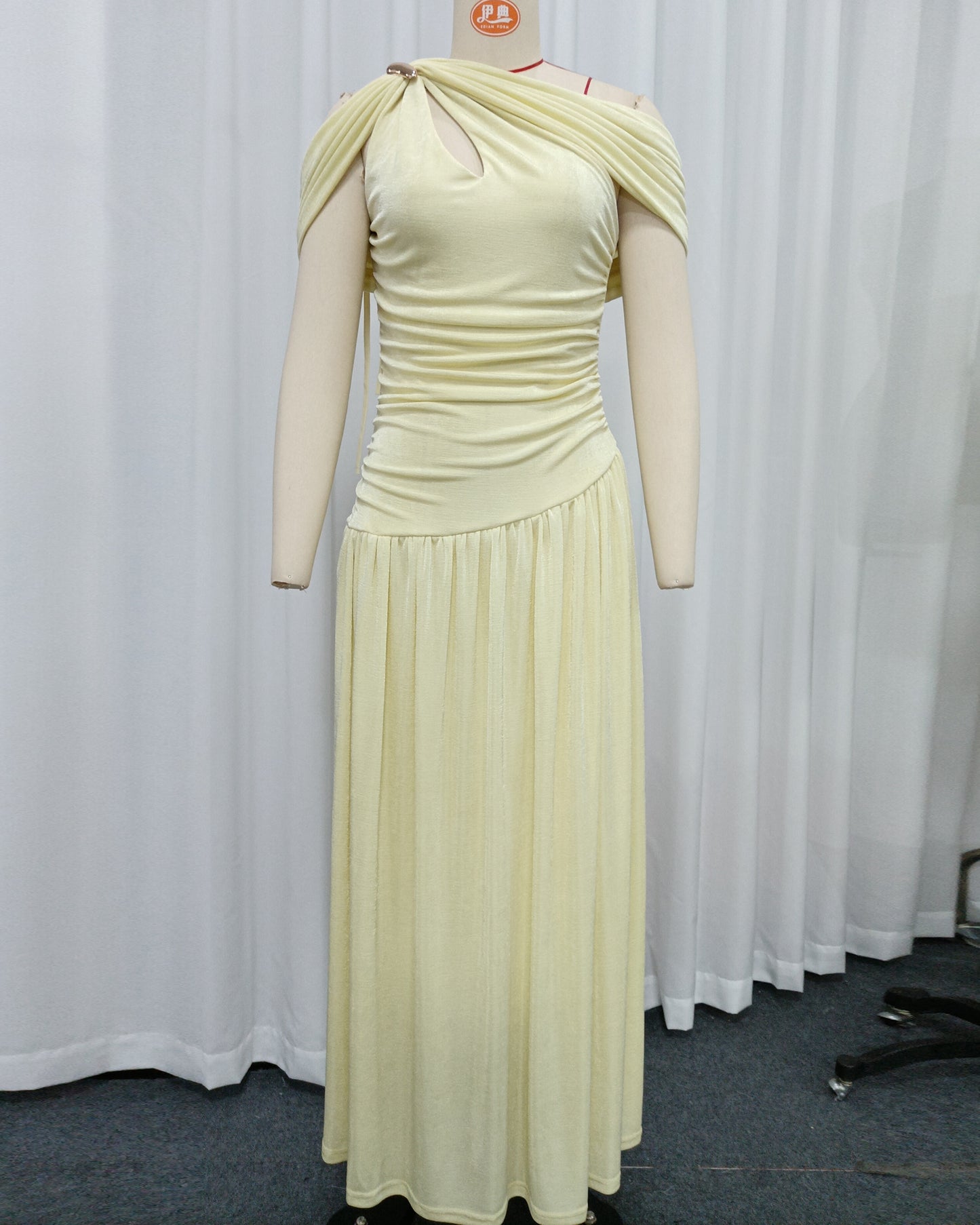 Yellow Asymmetric Draped Maxi Dress