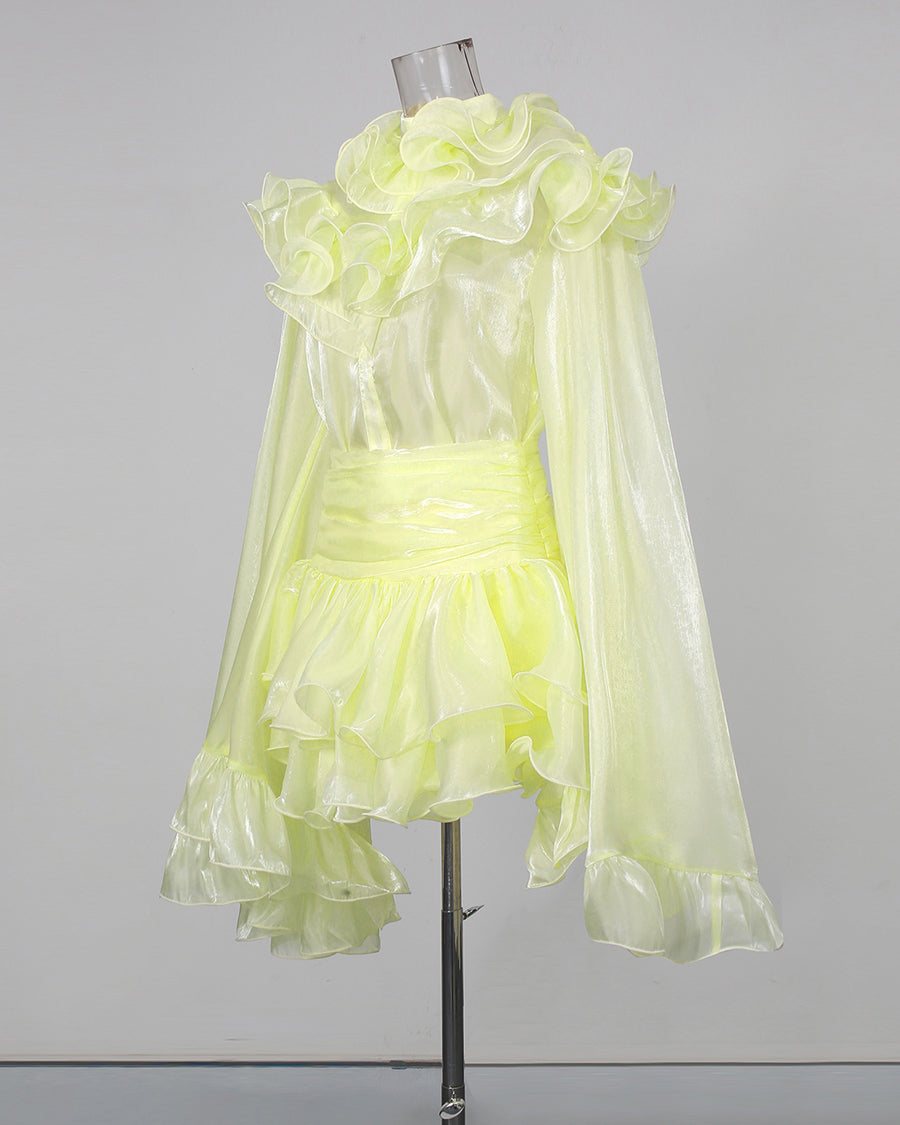 Yellow Bell Sleeve Blouse Layered Mini Skirt Shimmer Set