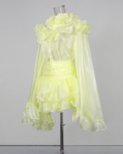 Yellow Bell Sleeve Blouse Layered Mini Skirt Shimmer Set