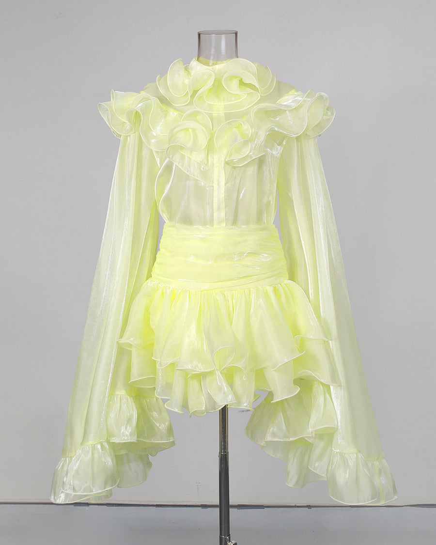 Yellow Bell Sleeve Blouse Layered Mini Skirt Shimmer Set