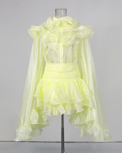 Yellow Bell Sleeve Blouse Layered Mini Skirt Shimmer Set