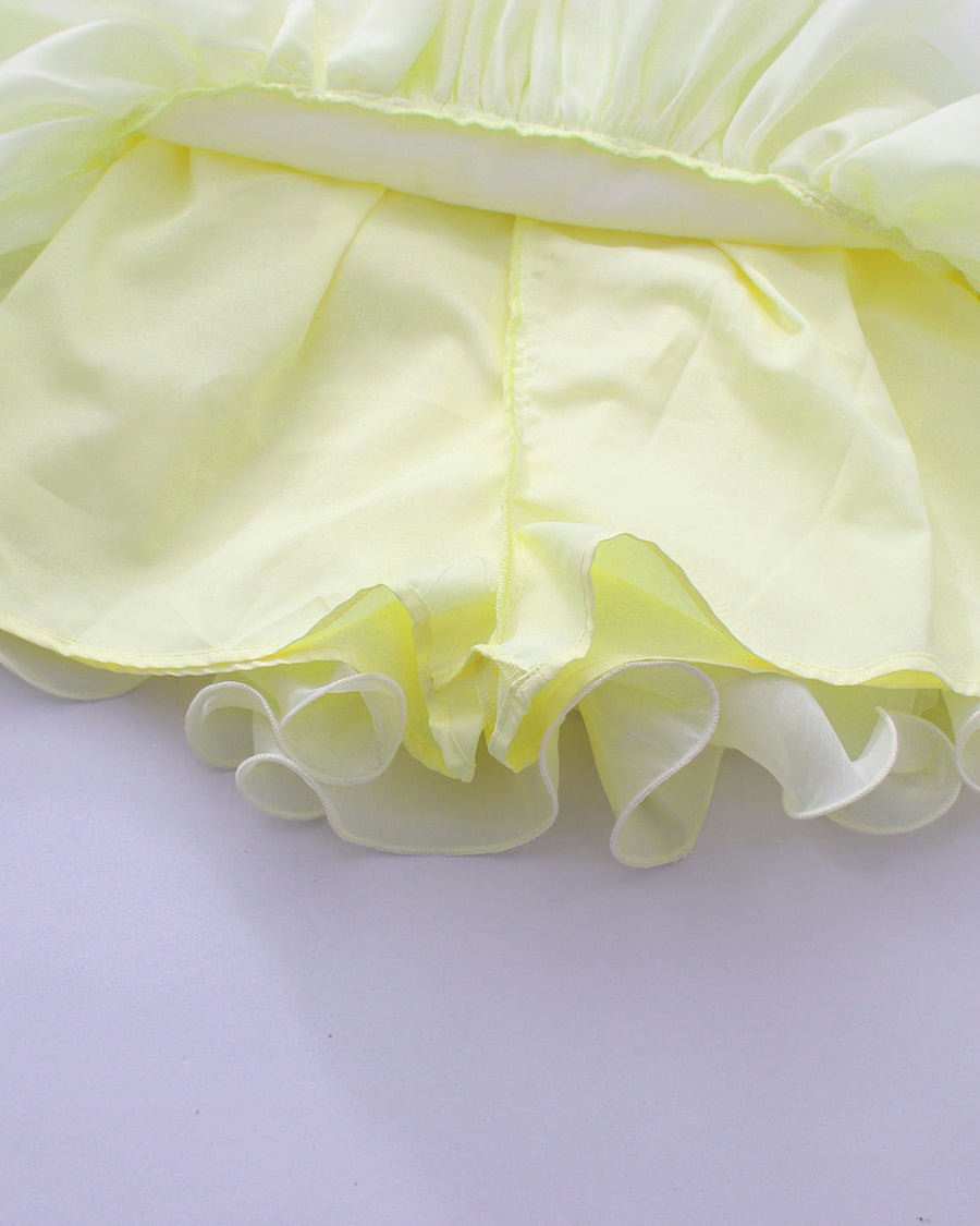 Yellow Bell Sleeve Blouse Layered Mini Skirt Shimmer Set